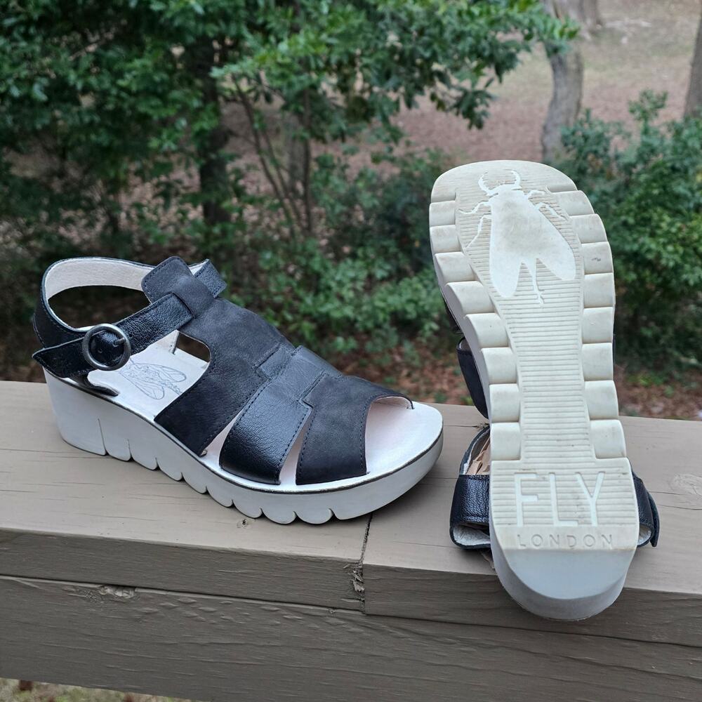 Fly London Yuni Sandals Size EU 40 US 9 Black Leather Cage Sandal Platform Wedge